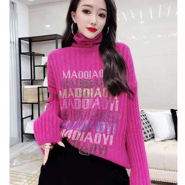 turtleneck sweater for ladies in winter, extra thick and loose outer wear, fashionable and fashionable ironing and drilling, inner knit, White;black